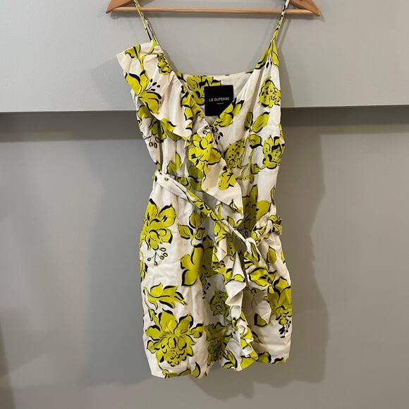 Le Superbe Palm Beach Ruffle Wrap Dress SZ 4 Yellow Floral Mini Dress Going Out - Picture 12 of 12